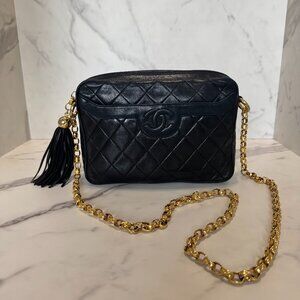 90s Vintage Chanel Black Quilted Lambskin Large Tassel Camera Bag Gold Hardware
